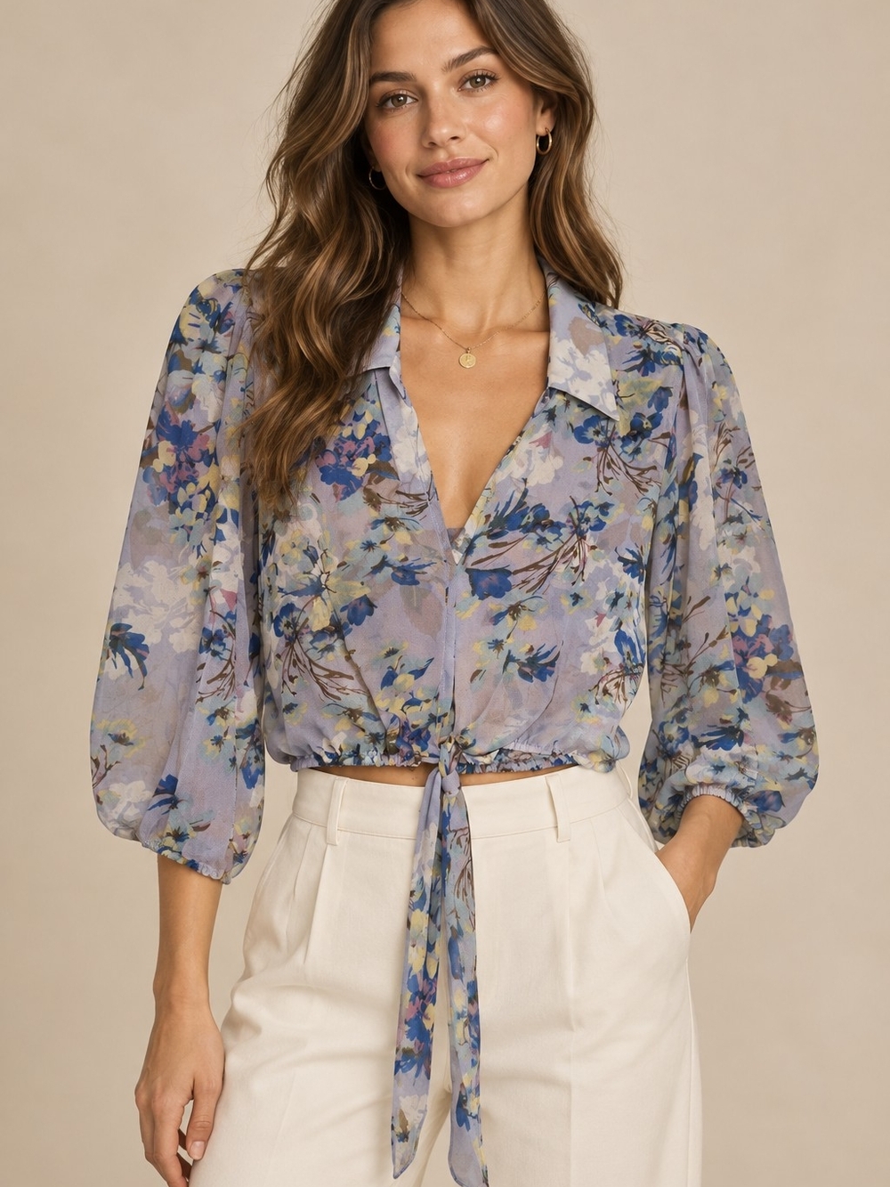 Misa Los Angeles Lavender Blue Floral Tie-Front Blouse